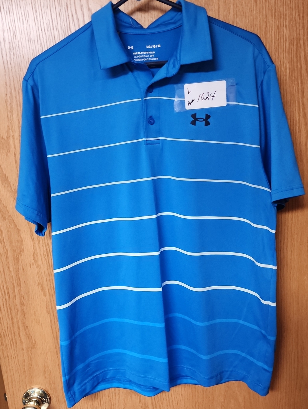 Under Armour Bright Blue Polo with Thin White Stripes mens L number 1024